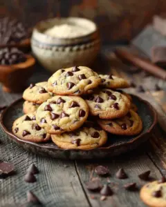 Bakery style chocolate chip cookies on a plate fresh from the oven