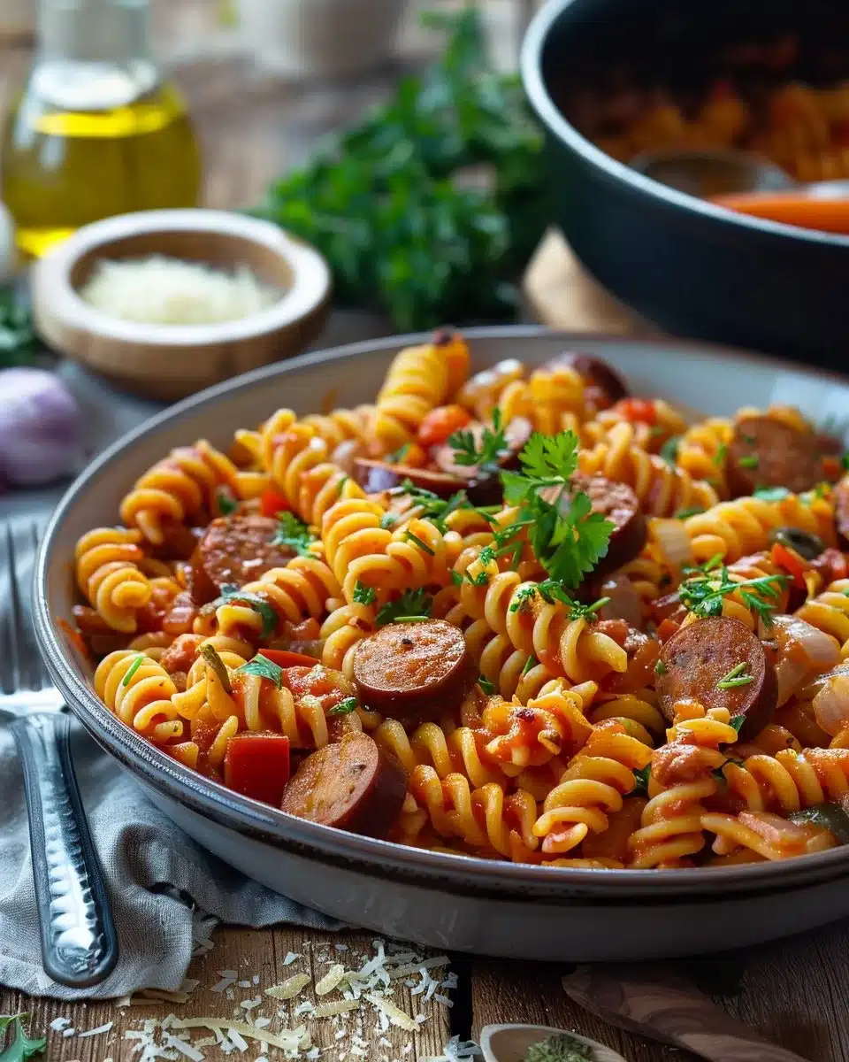 Delicious Cajun Sausage Pasta served in a creamy sauce with colorful vegetables.