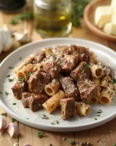 Cajun Steak Tips served with creamy cheesy rigatoni in a bowl
