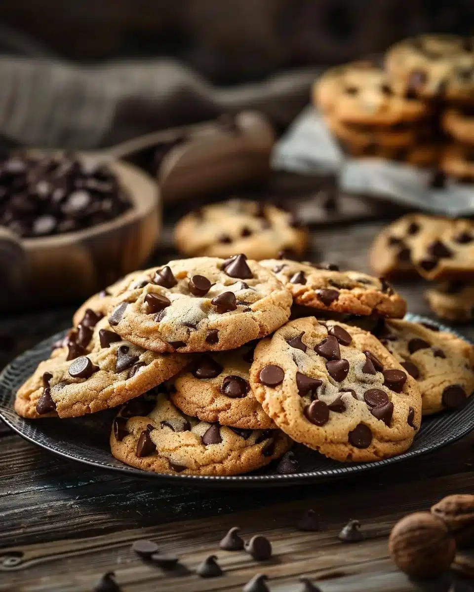 Freshly baked chocolate chip cookies on a cooling rack