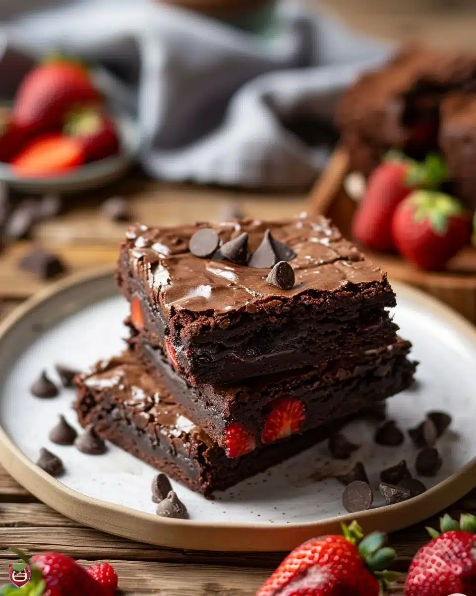 Delicious chocolate covered strawberry brownies with fresh strawberries on top