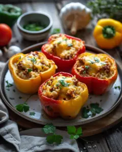 Delicious classic stuffed peppers filled with rice and ground meat