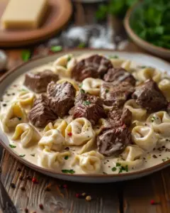 Cracked Garlic Steak Tortellini served in a creamy sauce