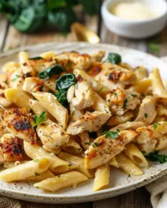 Healthy garlic parmesan chicken pasta with fresh ingredients and herbs