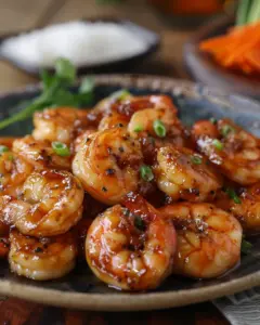 Delicious high-protein honey garlic shrimp served on a plate.