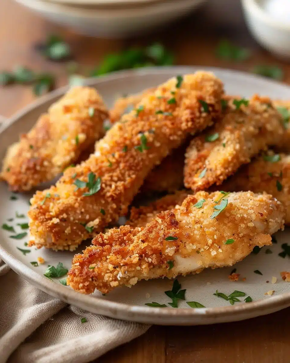 Homemade baked chicken tenders served with dipping sauce on a plate.