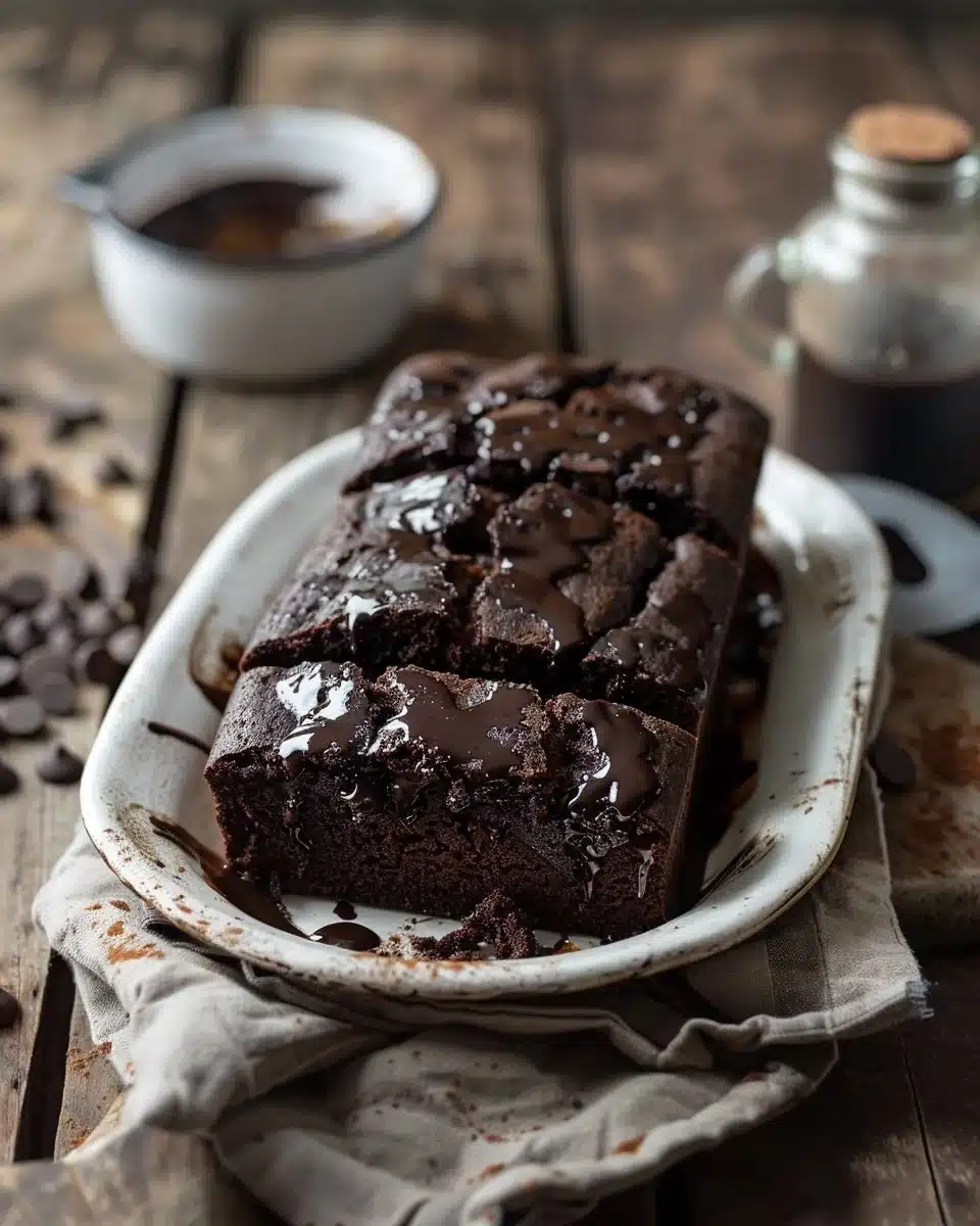 Delicious slice of hot fudge brownie bread with melted chocolate on top
