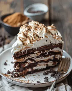 Decadent Milk Chocolate Meringue Cake with a rich chocolate frosting and light meringue layers