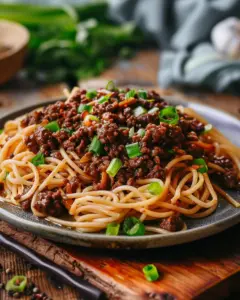Mongolian Ground Beef Noodles garnished with vegetables in a bowl