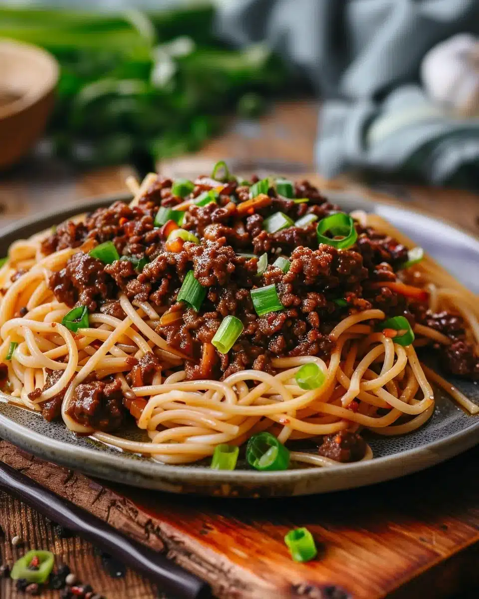 Mongolian Ground Beef Noodles garnished with vegetables in a bowl
