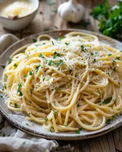One Pot Creamy Garlic Pasta dish garnished and ready to serve