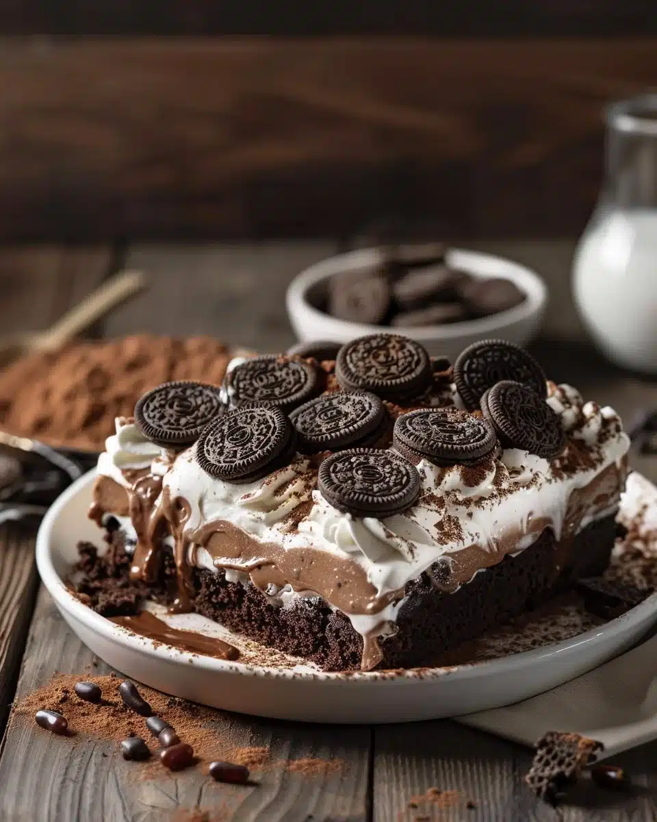 Oreo Dirt Cake with layers of chocolate and Oreo cookie crumble dessert