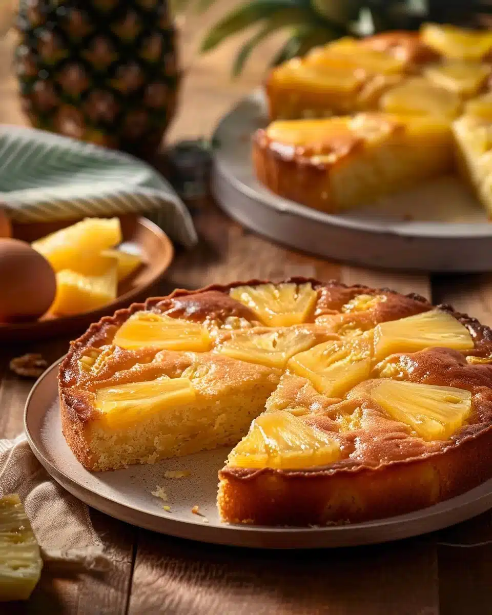 Deliciously moist pineapple cake topped with fresh pineapple slices