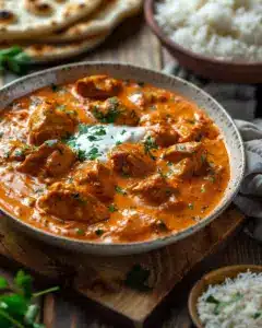 Delicious homemade butter chicken served with rice and naan bread.