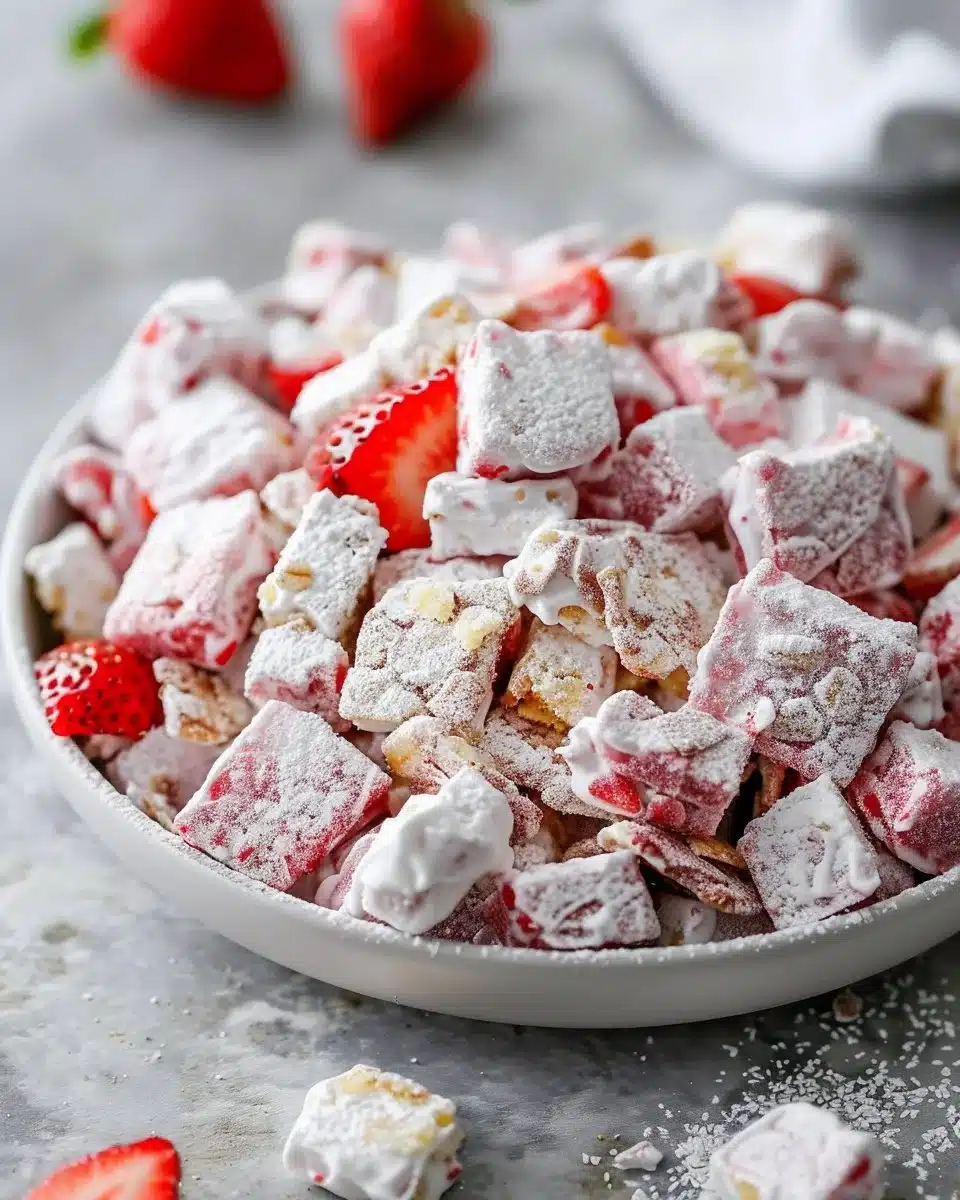 A delicious bowl of Strawberry Shortcake Puppy Chow with strawberries and chocolate.