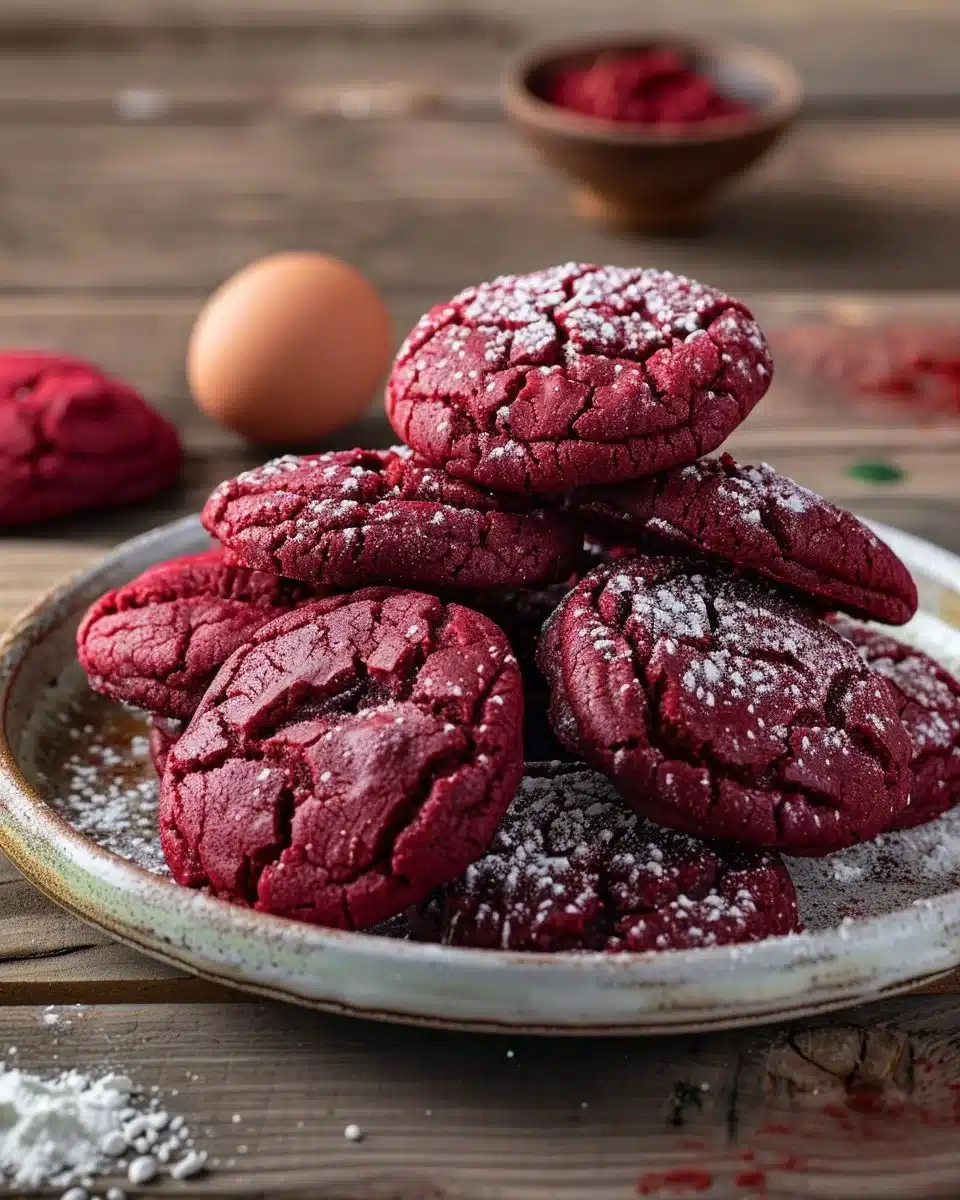 Delicious red velvet crinkle cookies on a plate.