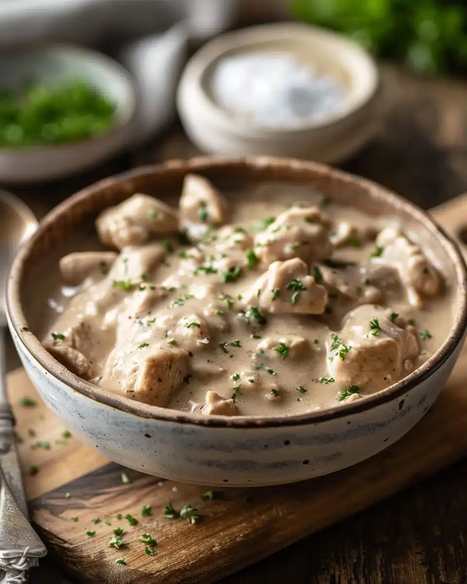Delicious slow cooker chicken and gravy served in a bowl