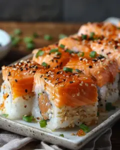 Delicious Spicy Salmon Sushi Bake fresh out of the oven, garnished and ready to serve.