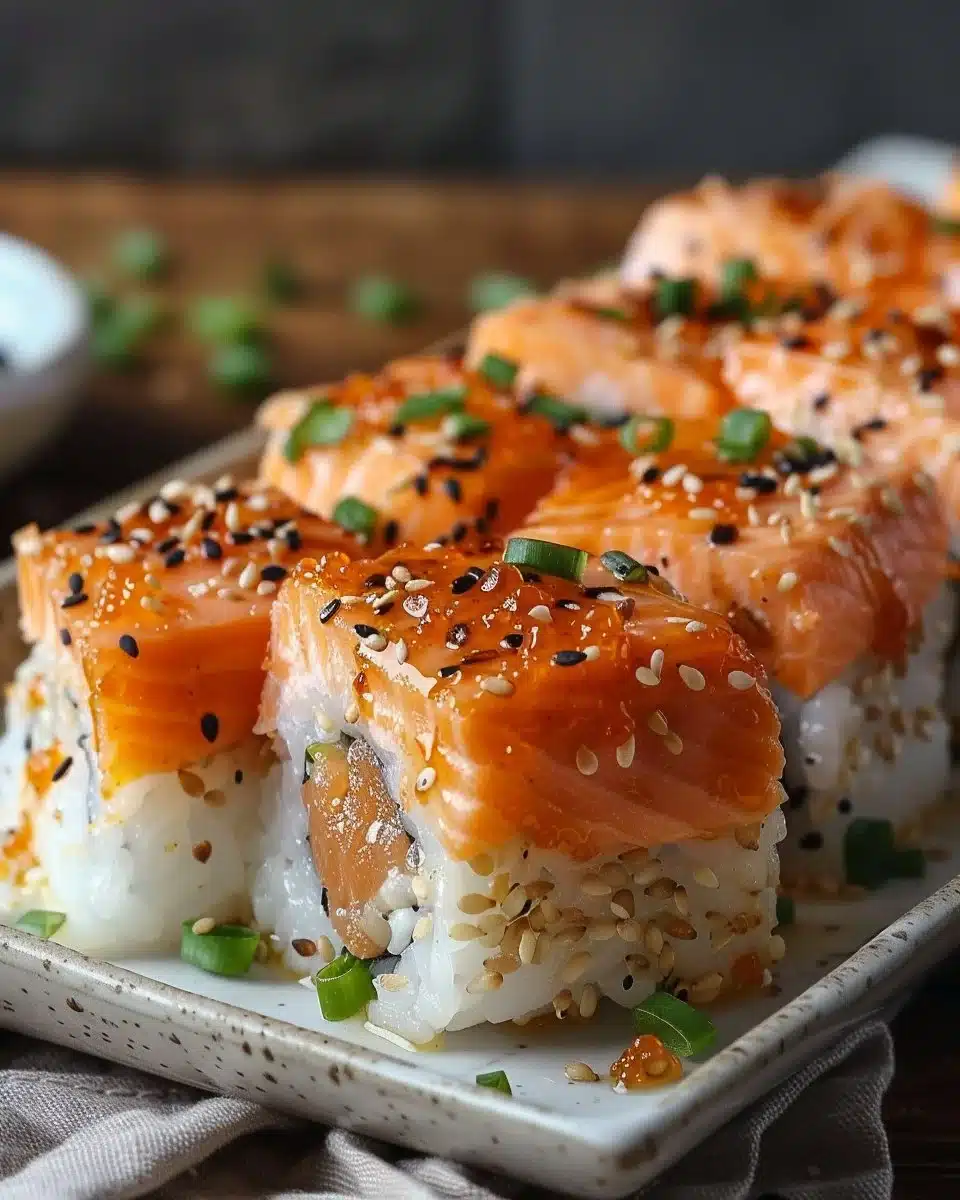 Delicious Spicy Salmon Sushi Bake fresh out of the oven, garnished and ready to serve.