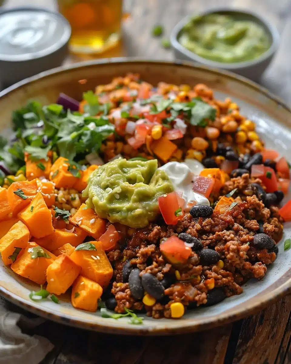Colorful and nutritious sweet potato taco bowl with toppings and ingredients.