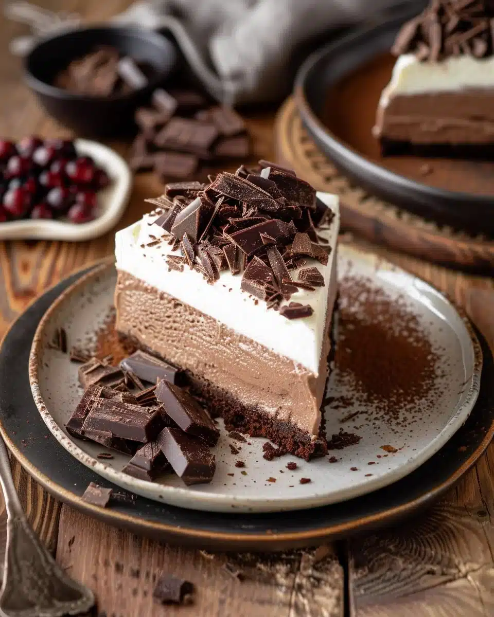 Delicious Triple Chocolate Mousse Cake topped with chocolate shavings and fresh berries