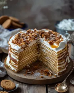 Vanilla & Speculoos Crêpe Cake layered with creamy filling and topped with speculoos crumbs.