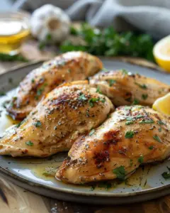 Juicy yogurt marinated chicken garnished with herbs and spices.