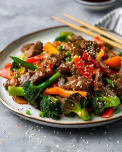 Quick and delicious 30-minute beef stir fry dish prepared with fresh vegetables.
