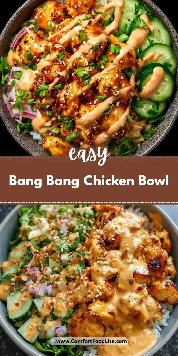 Bang Bang Chicken Bowl with spicy chicken, fresh veggies, and a savory sauce
