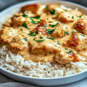 Delicious smothered chicken served with rice on a plate