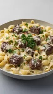 Delicious Cajun Steak Bites served with cheesy garlic pasta on a plate