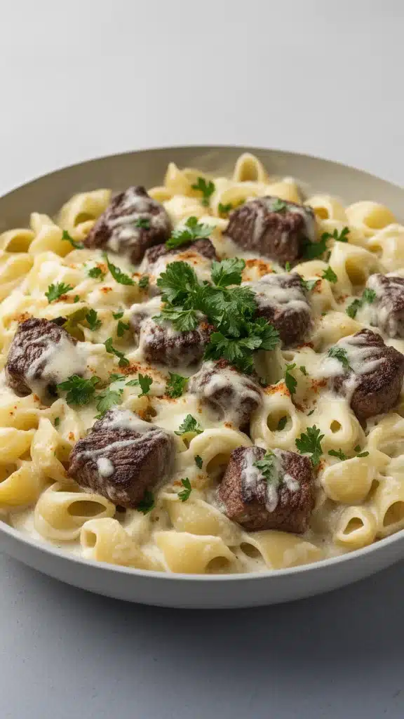 Delicious Cajun Steak Bites served with cheesy garlic pasta on a plate