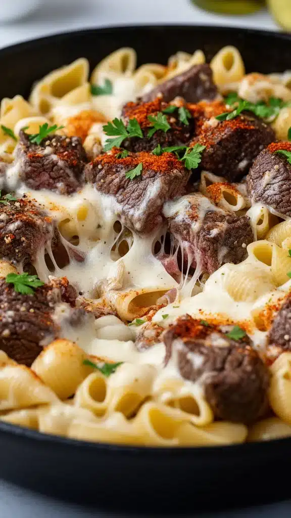 Cajun Steak Bites with Cheesy Garlic Pasta