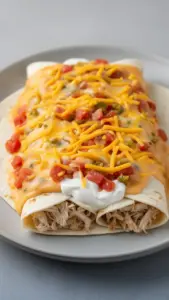 Delicious cheese chicken enchiladas bake topped with melted cheese and fresh herbs.