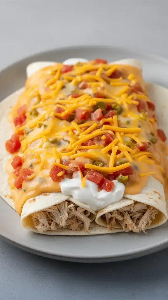 Delicious cheese chicken enchiladas bake topped with melted cheese and fresh herbs.