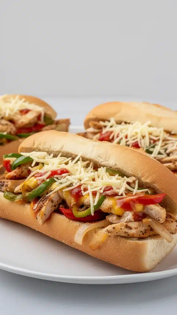 Delicious Chicken Philly Cheese Steaks prepared with melted cheese and peppers