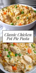 Classic Chicken Pot Pie Pasta in a creamy sauce with vegetables and chicken
