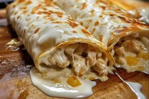 Delicious creamy cheesy chicken alfredo wraps served on a plate