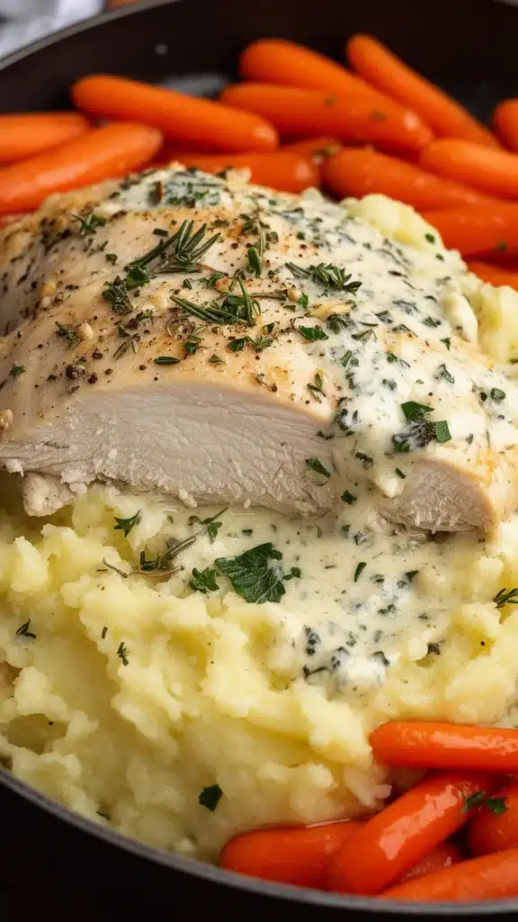 Creamy Herb Chicken with Mashed Potatoes & Glazed Carrots: A Complete Comfort Food Dinner