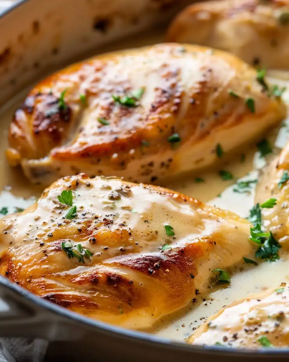 Creamy ranch chicken served with garnishes on a white plate