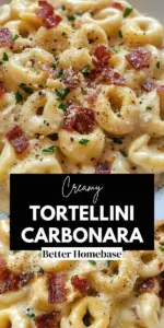 Bowl of creamy tortellini carbonara topped with parsley and Parmesan cheese