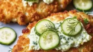 Crispy Dill Pickle Parmesan Chicken garnished with herbs