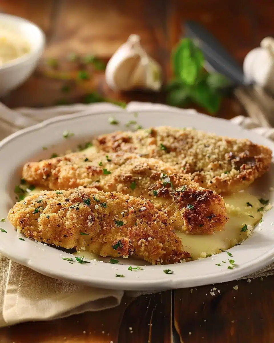 Crispy Parmesan Chicken served with rich garlic sauce on a plate