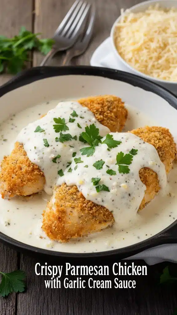 Crispy Parmesan chicken with garlic cream sauce on a plate