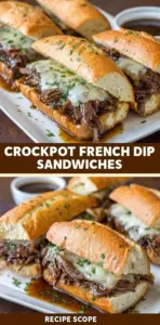 Delicious crockpot French dip sandwiches served on crusty rolls with dipping sauce.