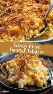 French Onion Funeral Potatoes served in a baking dish