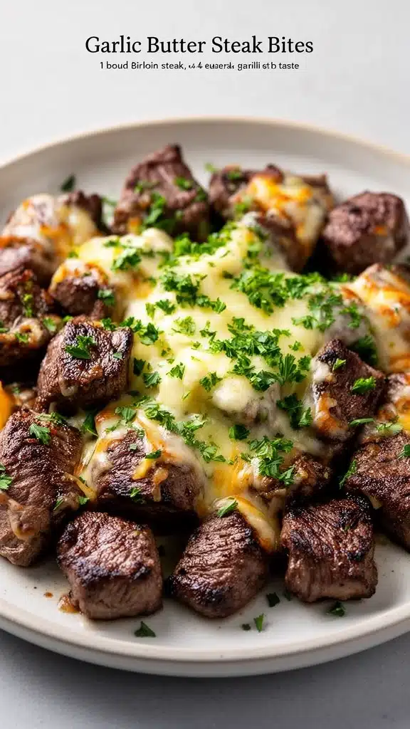 Delicious garlic butter steak bites served hot on a plate