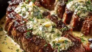 Juicy garlic butter steak topped with creamy Parmesan sauce.