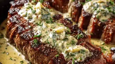 Juicy garlic butter steak topped with creamy Parmesan sauce.