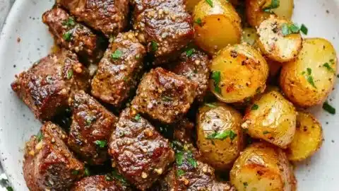 Garlic Steak Bites with crispy potatoes served on a plate.
